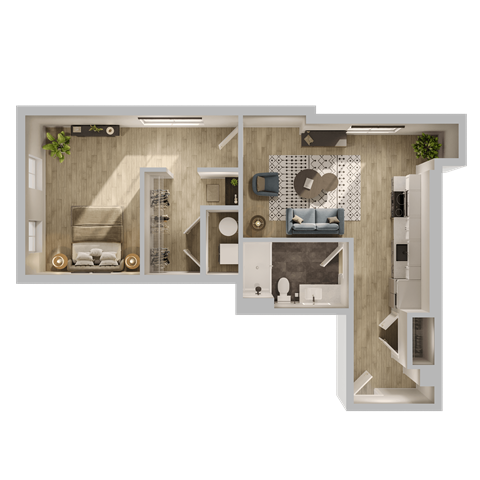 Floor plan for 1 bed, 1 bath, 636 sqft
